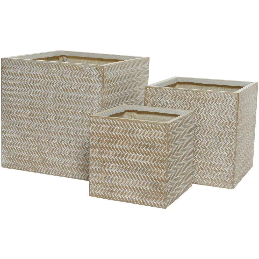 Alex Fibre Clay Set Of 3 Square Planters - Soft Beige